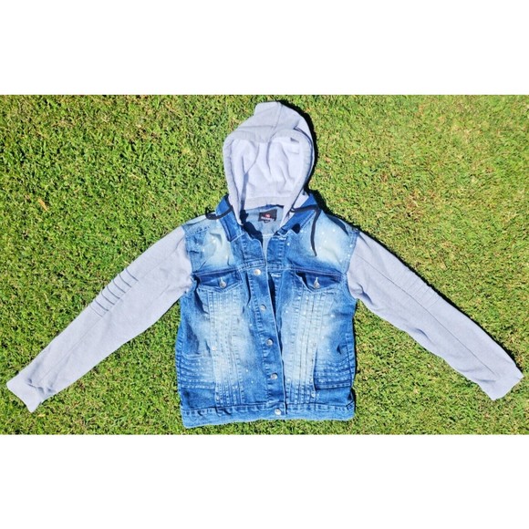 South Pole Men’s Paint Splash Blue Denim & Gray Removable Hoodie Jacket Size L - Picture 1 of 10